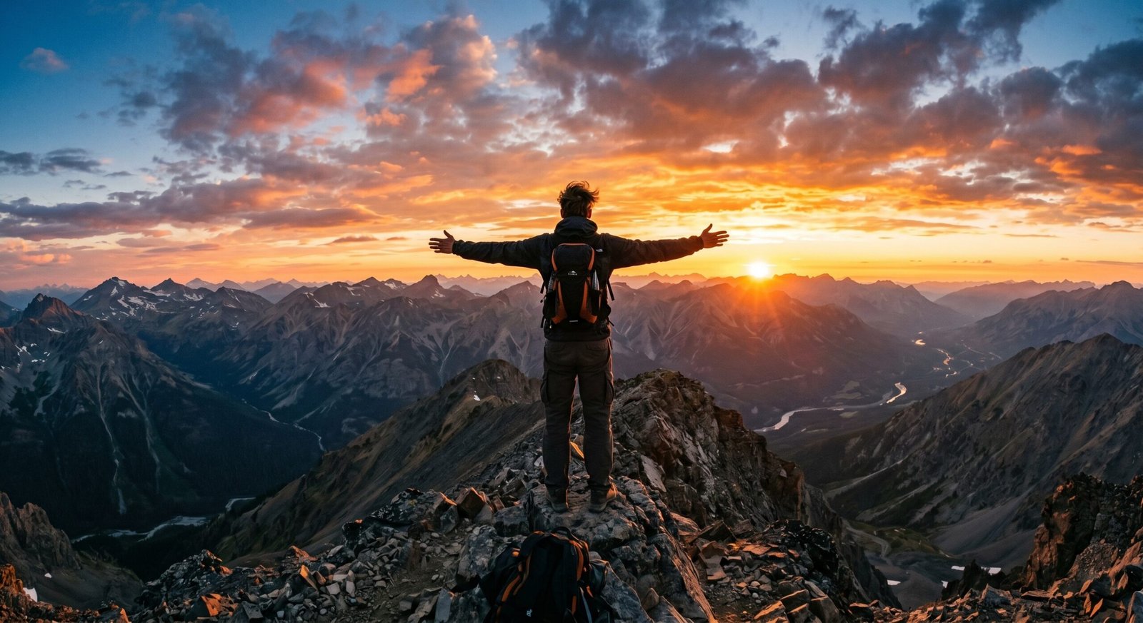 Person standing on a mountain summit with arms outstretched at sunrise