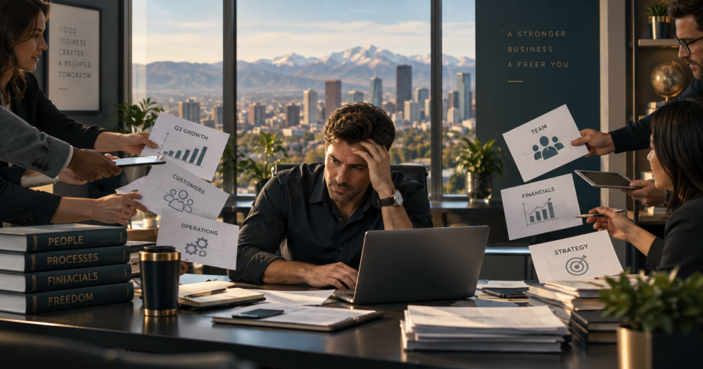 A successful business owner sits at a desk surrounded by charts, decisions and team requests, with the Denver skyline and Rocky Mountains in the background, illustrating the pressure of a business that depends too heavily on its owner.