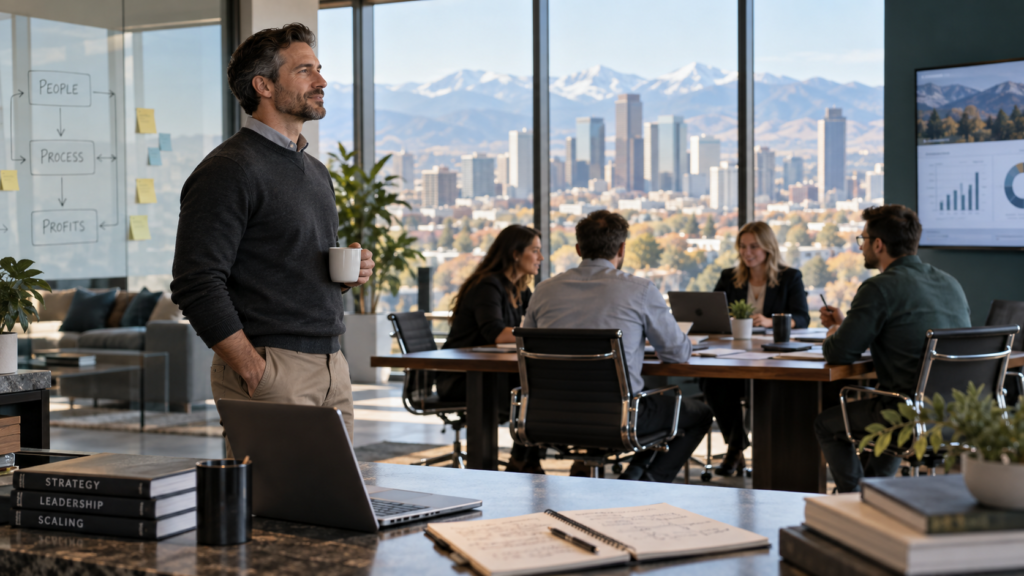 A business owner shifts from hands-on expert to CEO, leading a team and business system rather than personally handling every decision and task.