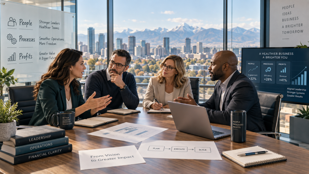 A business owner meets with a multidisciplinary coaching team focused on leadership, business systems and financial performance, representing an integrated approach to business coaching.