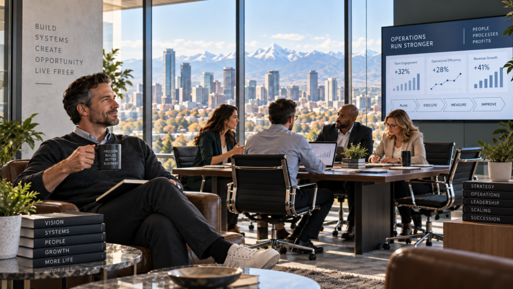 A business owner steps back while a capable management team runs the company using clear systems, processes and financial information.