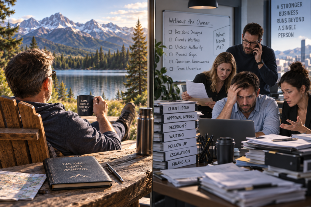 A business owner takes time away while the team struggles with decisions and operations, revealing how heavily the company still depends on the founder.