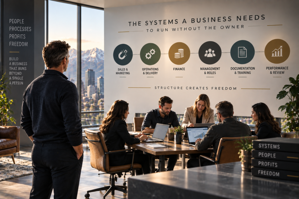 A business owner reviews an integrated business operating system showing sales, operations, finance, management, training and performance measures working together without constant founder involvement.
