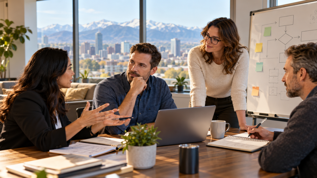 A business owner meets with advisers representing coaching, consulting and hands-on systems support, comparing the different ways outside expertise can help improve leadership and business operations.