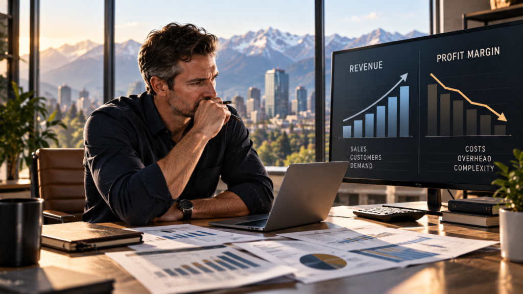 A business owner reviews strong revenue alongside narrowing profit margins, examining costs, cash flow and operational inefficiencies that may be reducing retained profit.