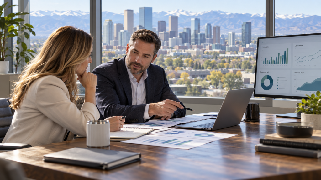 A business owner reviews financial reports with a strategist, using profit, cash flow and operating data to make forward-looking business decisions beyond basic bookkeeping and accounting.