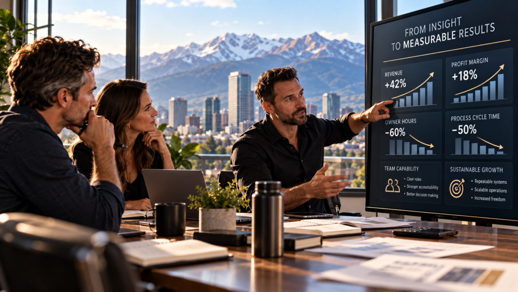 A business owner and coaching team review measurable business results including revenue, owner time, process improvements and team capability to assess the real ROI of business coaching.
