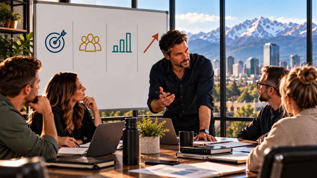 A business owner reviews decision ownership with a leadership team, showing how clear roles, authority, evidence and escalation rules reduce founder dependency.